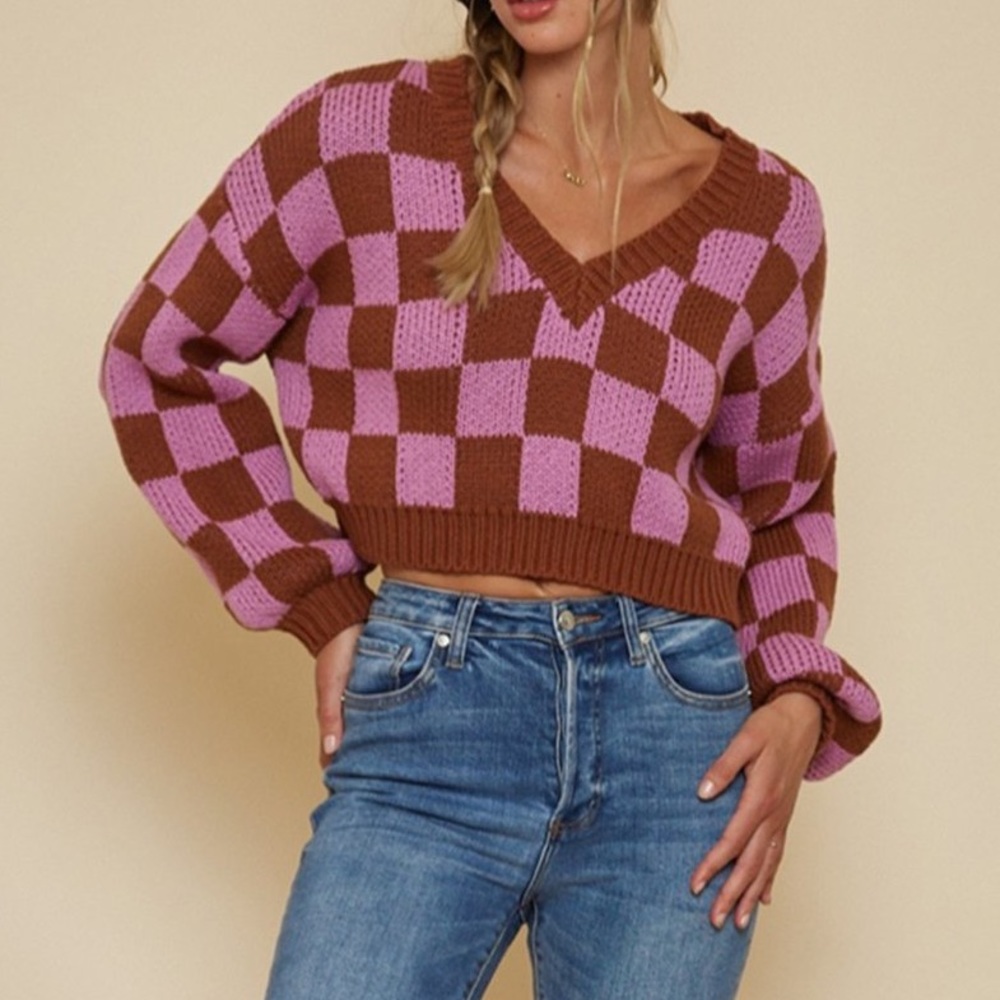 PINK & BROWN CHECKERED SWEATER